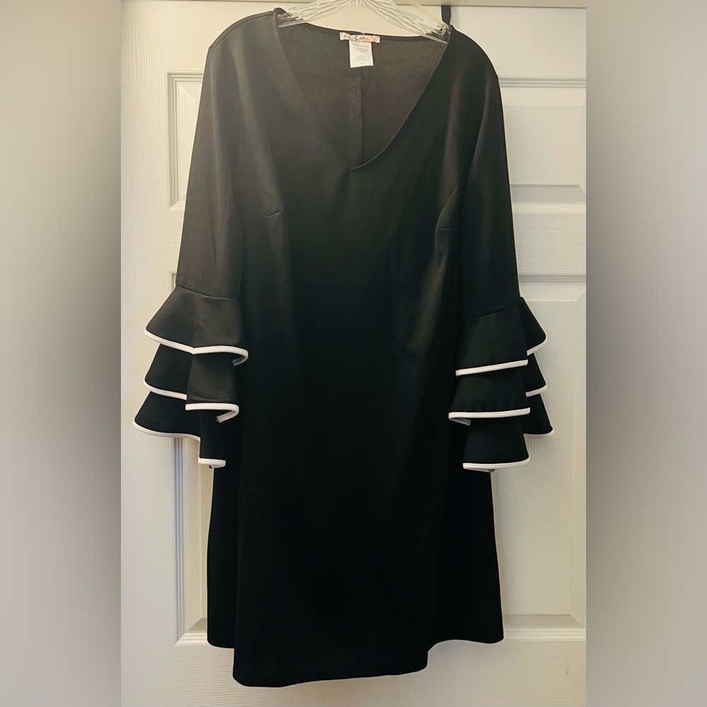 Love Squared Black Dress with White Trim Ruffled Sleeves